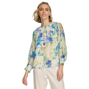 Calvin Klein Women's XS Blue Floral-Print Gathered Cold-Shoulder Blouse NWT